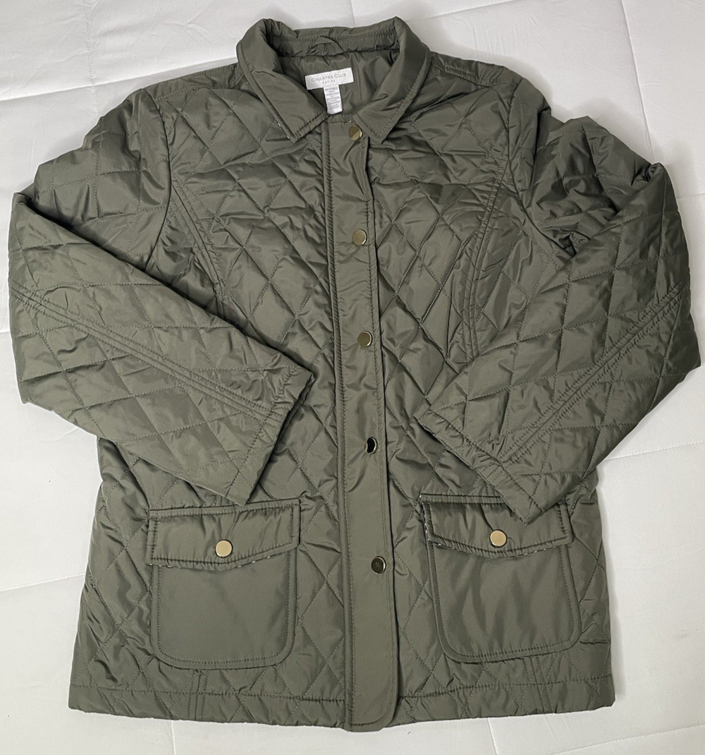 Charter Club Petite Olive Green Quilted Jacket Zip Gold Snap Pockets